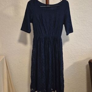 Mikarose Blue A-Line Midi Dress with 3/4 Sleeves